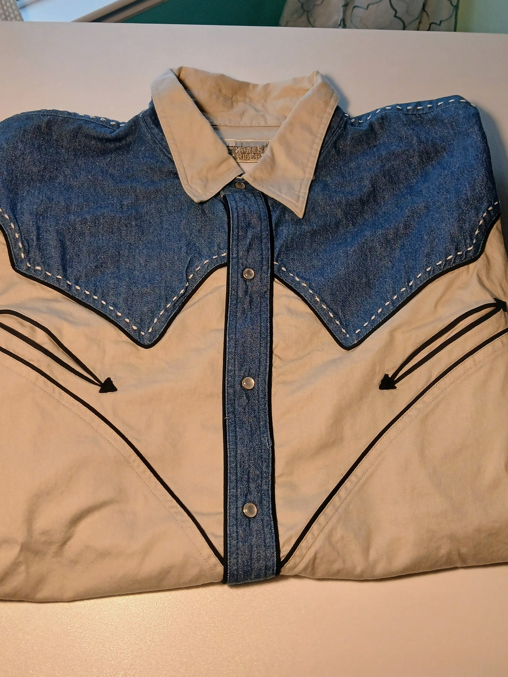Men's XL Casual Two-Tone Beige and Blue Western Button-Down Shirt